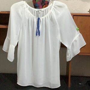 Milly Ruffled White and Blue Bell Sleeve Blouse